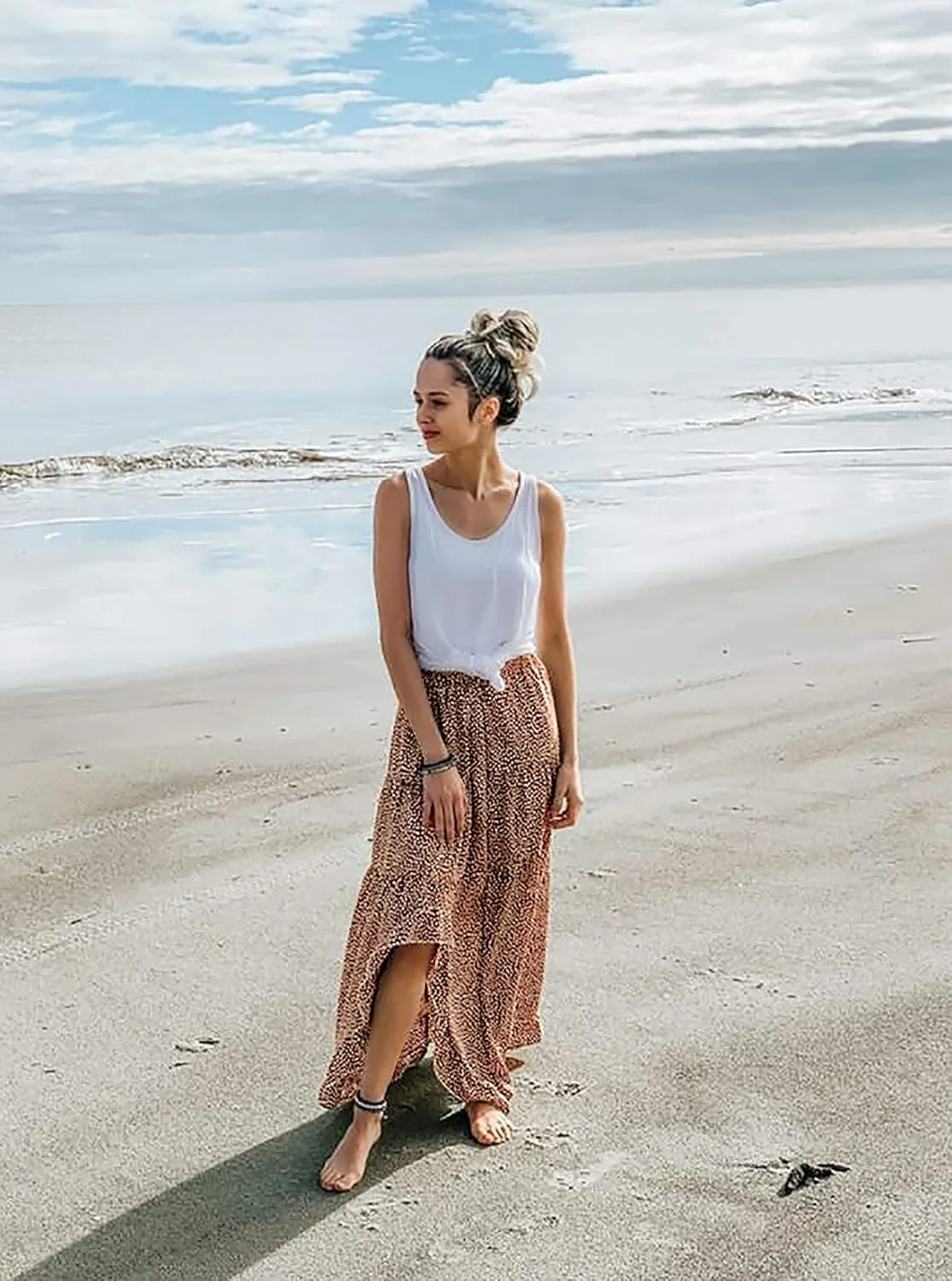 BTFBM Women 2025 Summer Spring Boho Long Skirts Dress Floral Print Elastic Waist Split Ruffle High Low Beach Maxi Skirt
