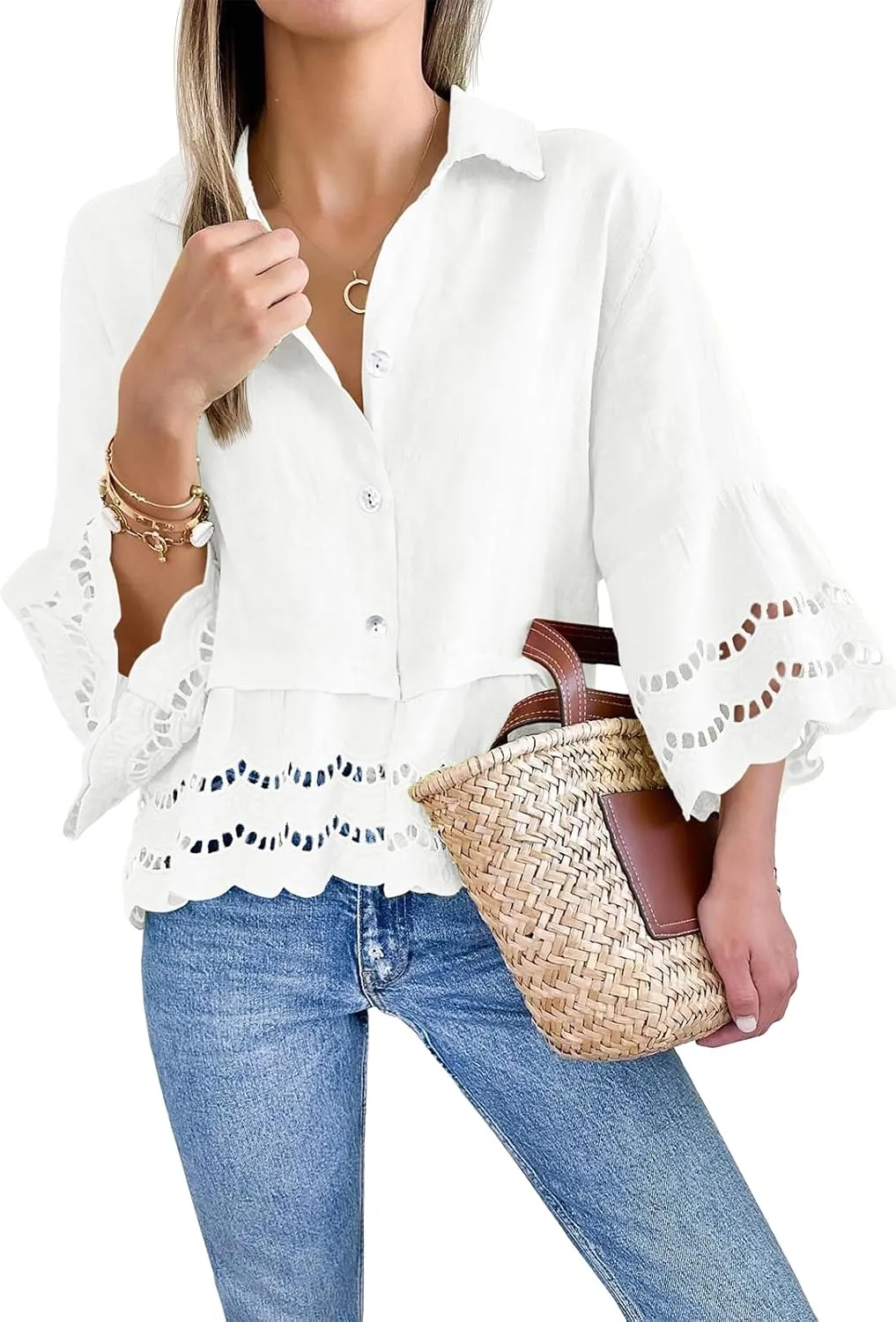 Cicy Bell Womens 3/4 Bell Sleeve Button Down Shirts Casual Ruffle Hem Tops Eyelet Blouse