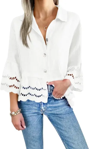 Cicy Bell Womens 3/4 Bell Sleeve Button Down Shirts Casual Ruffle Hem Tops Eyelet Blouse