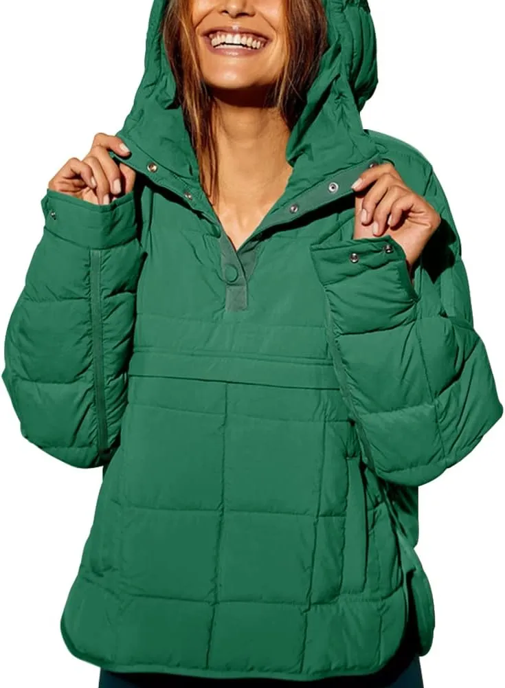 Fazortev Womens Oversized Puffer Jacket Quilted Dolman Hoodies Pullover Long Sleeve Lightweight Warm Tops Coat