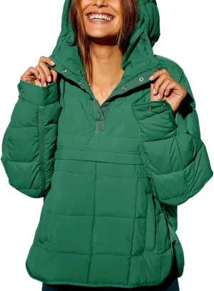 Fazortev Womens Oversized Puffer Jacket Quilted Dolman Hoodies Pullover Long Sleeve Lightweight Warm Tops Coat