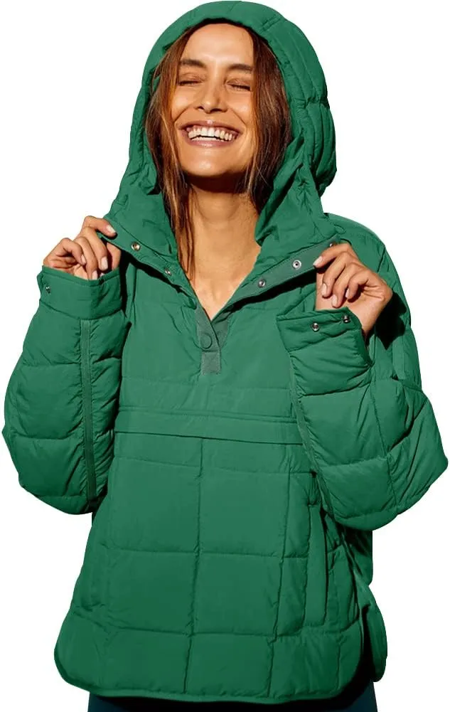 Fazortev Womens Oversized Puffer Jacket Quilted Dolman Hoodies Pullover Long Sleeve Lightweight Warm Tops Coat