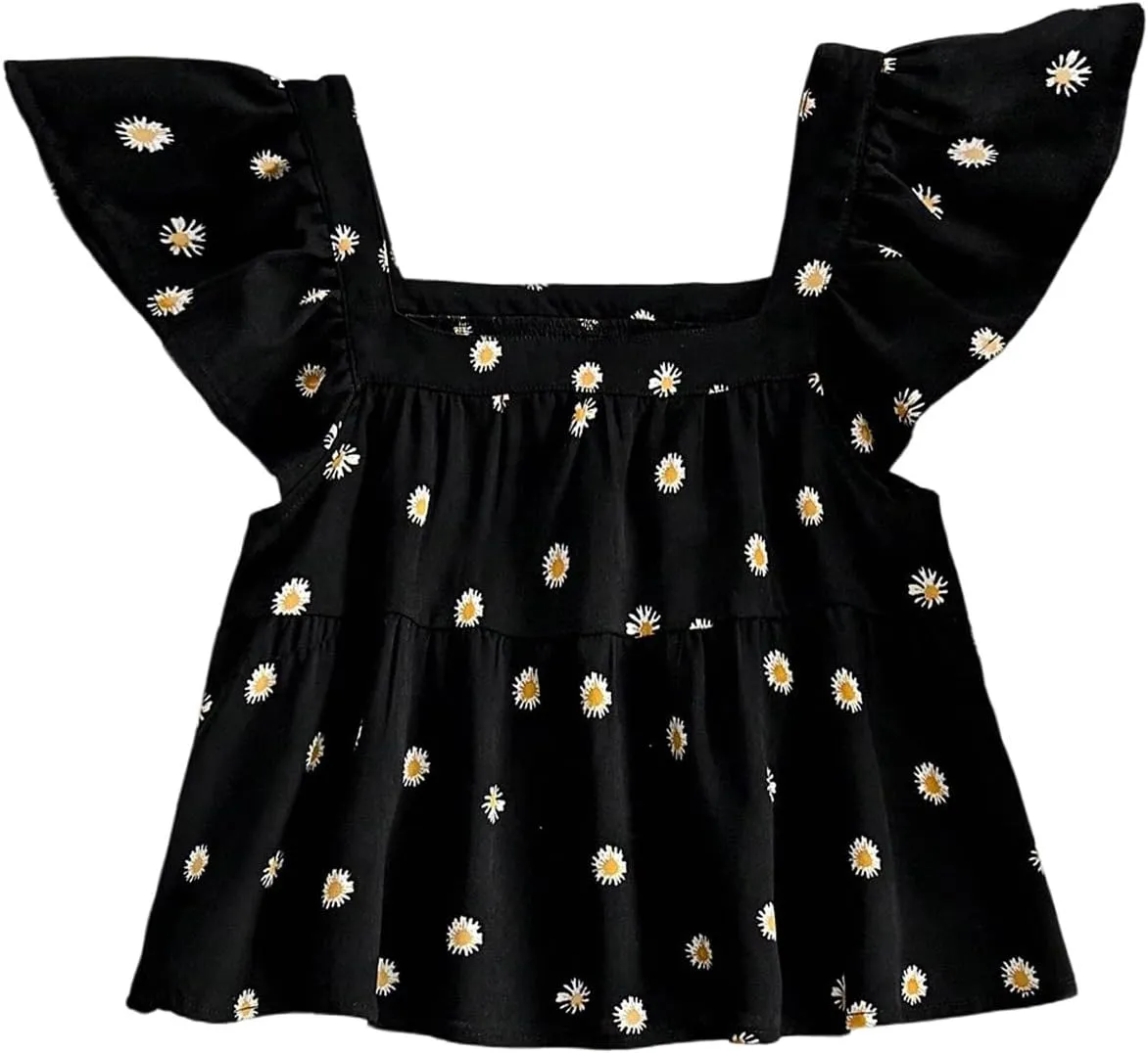 Floerns Women's Printed Square Neck Crop Tops Cap Sleeve Ruffle Hem Summer Blouse