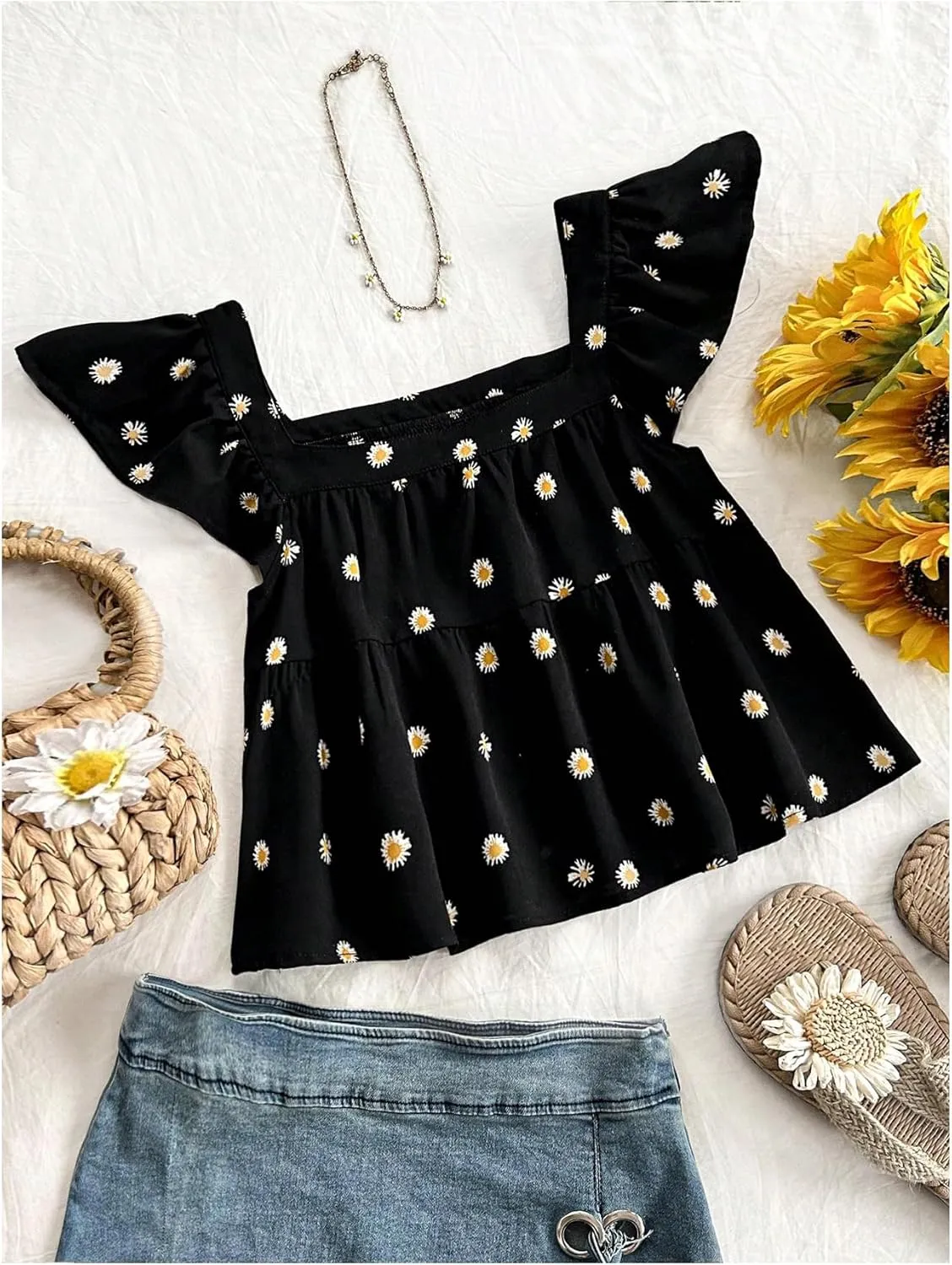 Floerns Women's Printed Square Neck Crop Tops Cap Sleeve Ruffle Hem Summer Blouse