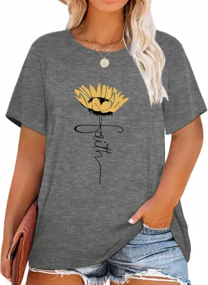 HDLTE Womens Plus Size Tops Floral Bell Sleeves Blouses Summer Crewneck Tunic Loose Casual T Shirts