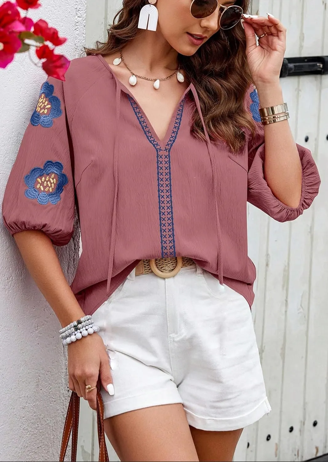 HVEPUO Summer Puff Short Sleeve Shirts for Women V Neck Boho Vacation Floral Embroidered Blouses Casual Cute Going Out Tops