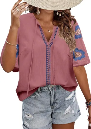HVEPUO Summer Puff Short Sleeve Shirts for Women V Neck Boho Vacation Floral Embroidered Blouses Casual Cute Going Out Tops