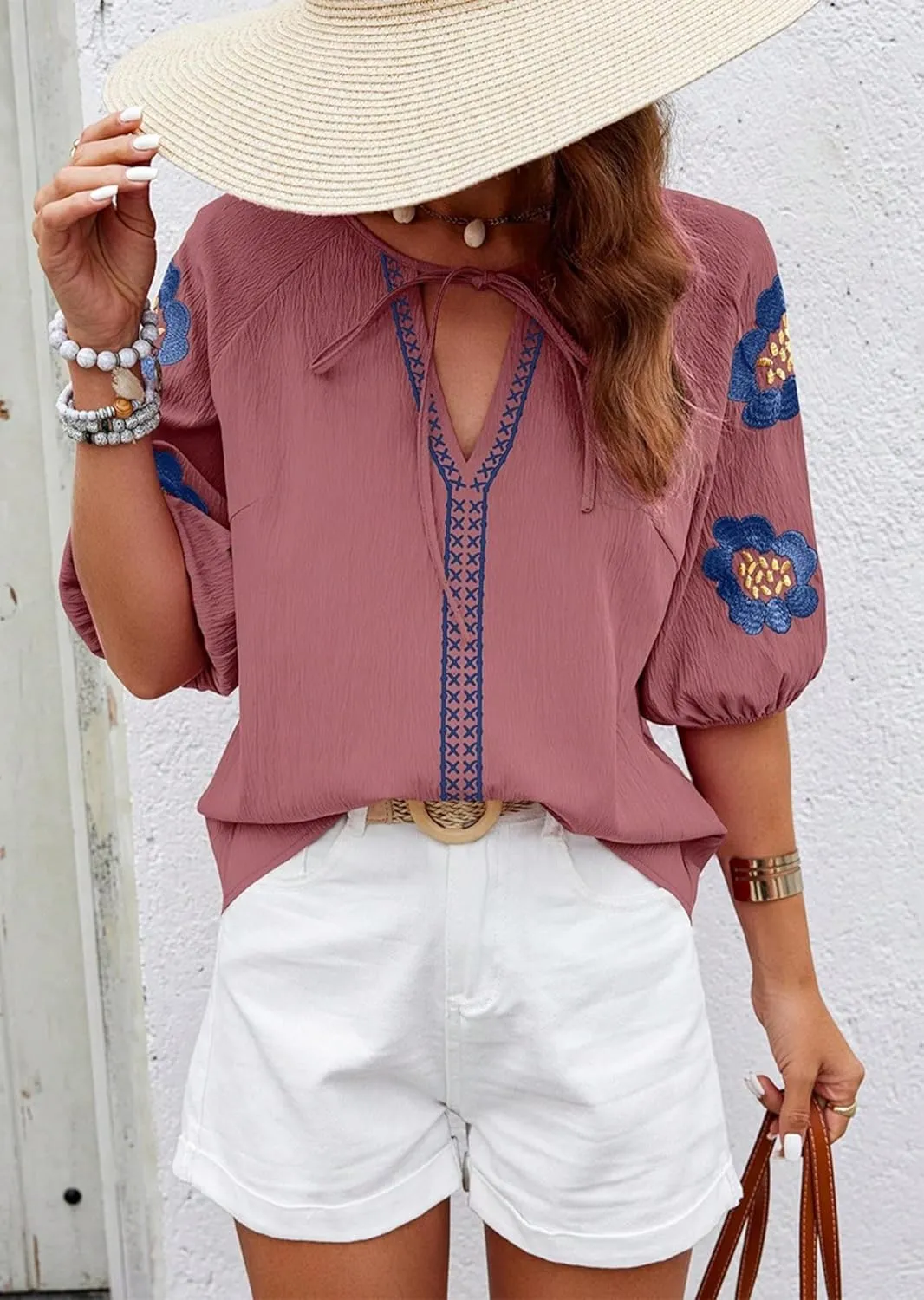 HVEPUO Summer Puff Short Sleeve Shirts for Women V Neck Boho Vacation Floral Embroidered Blouses Casual Cute Going Out Tops
