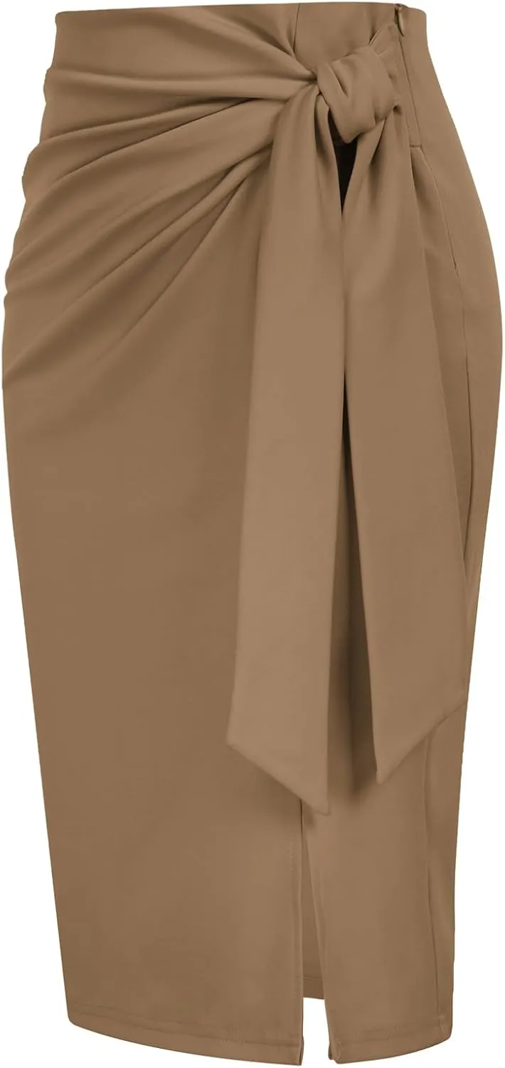 Kate Kasin Women's Skirt Elastic High Waist Bow Tie Knee Length Stretch Bodycon Pencil Skirts with Slit
