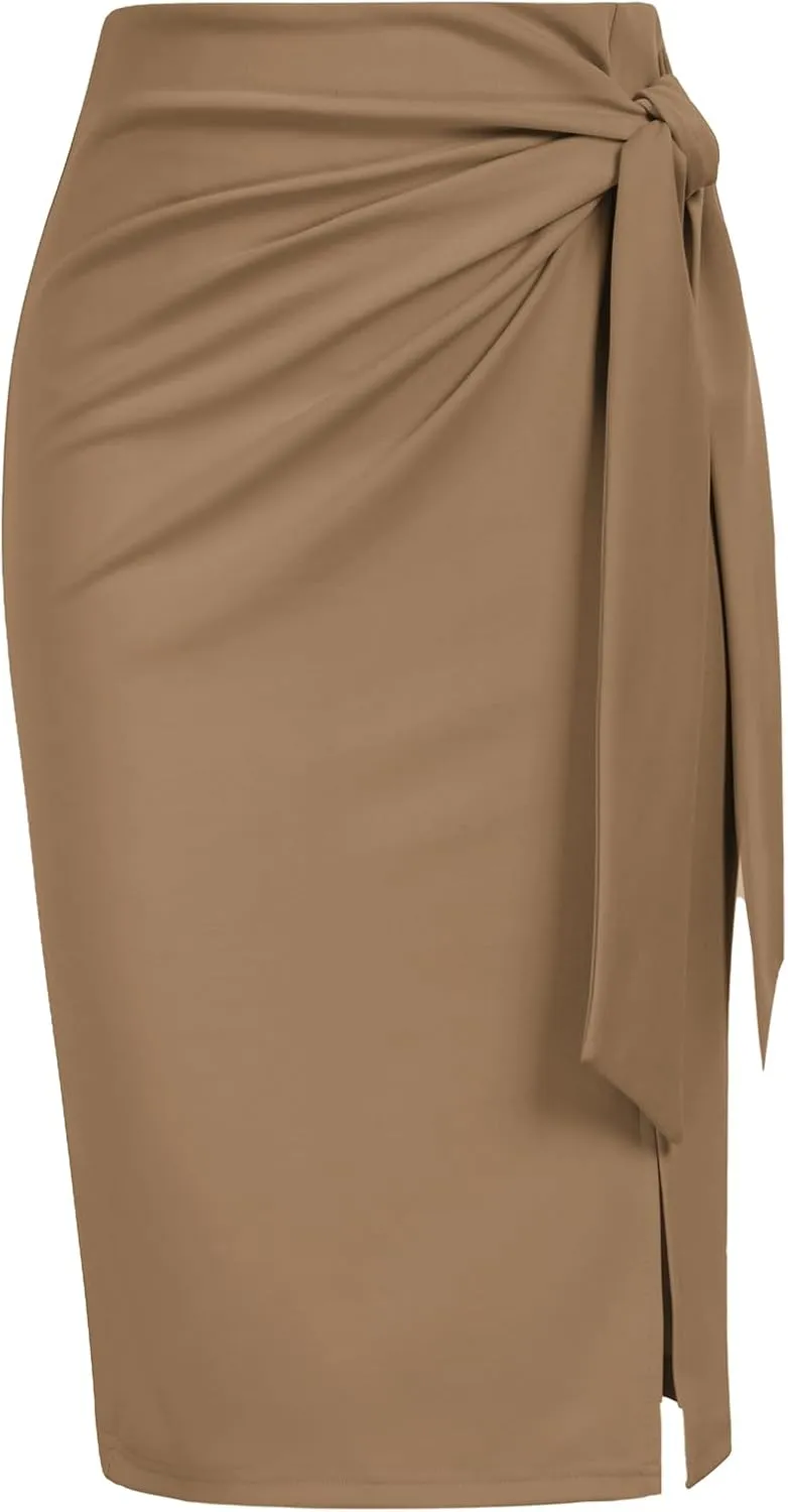 Kate Kasin Women's Skirt Elastic High Waist Bow Tie Knee Length Stretch Bodycon Pencil Skirts with Slit