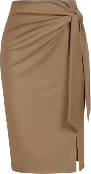 Kate Kasin Women's Skirt Elastic High Waist Bow Tie Knee Length Stretch Bodycon Pencil Skirts with Slit