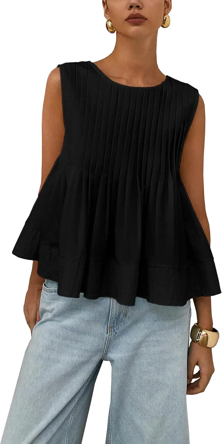 Lumister Womens Peplum Babydoll Tops Cute Pleated Sleeveless Ruffle Strap T Shirts Tank Summer Tops