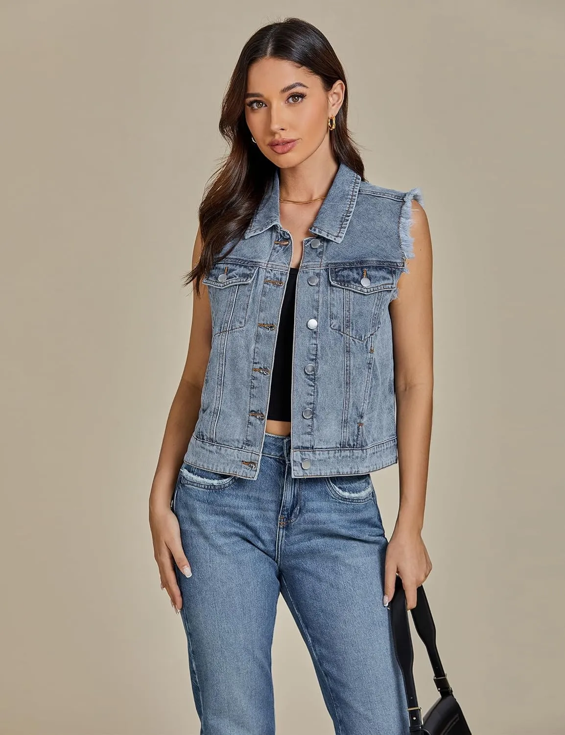 luvamia Denim Vest for Women Button Down Distressed Frayed Vests Top Western Casual Sleeveless Jean Jacket with Pockets