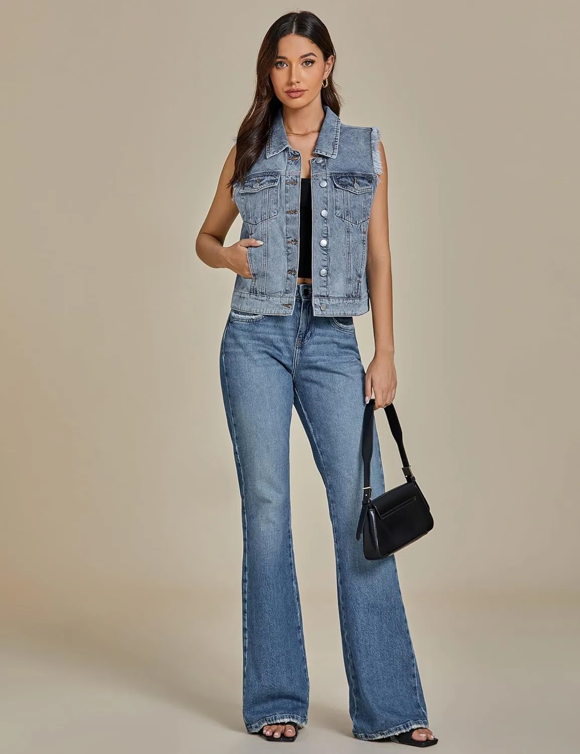 luvamia Denim Vest for Women Button Down Distressed Frayed Vests Top Western Casual Sleeveless Jean Jacket with Pockets
