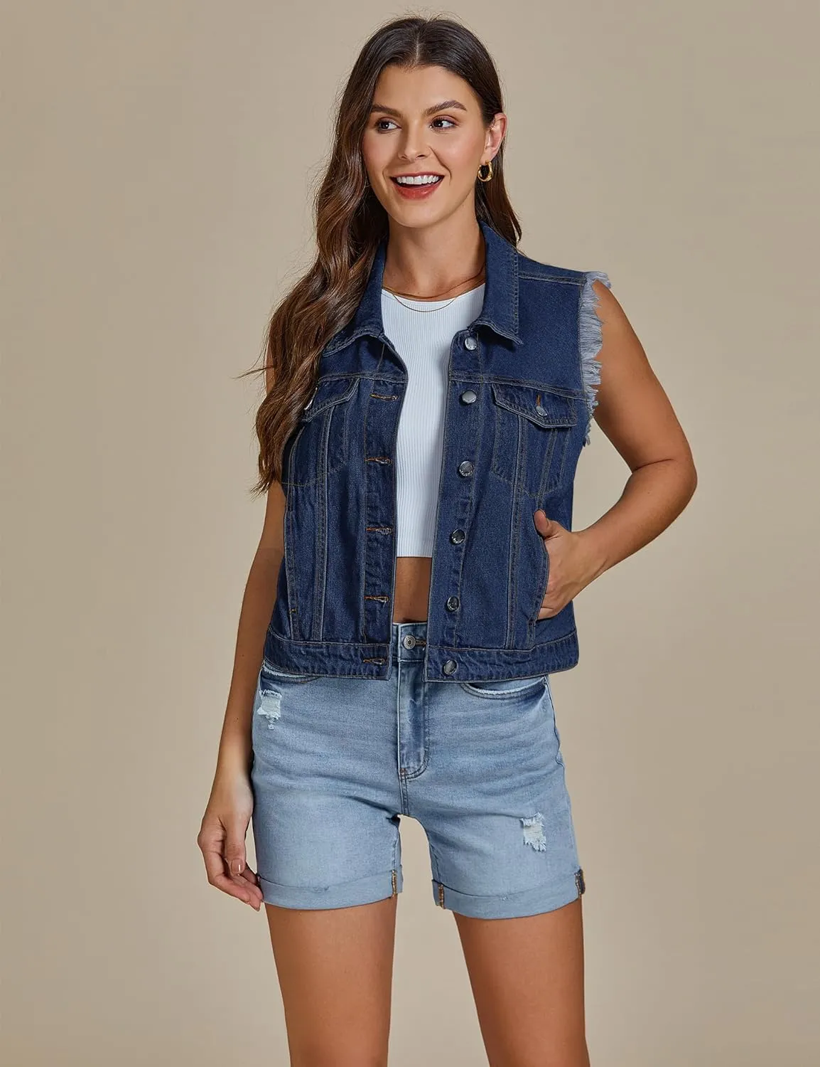 luvamia Denim Vest for Women Button Down Distressed Frayed Vests Top Western Casual Sleeveless Jean Jacket with Pockets