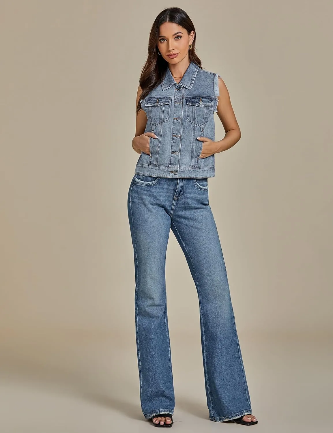 luvamia Denim Vest for Women Button Down Distressed Frayed Vests Top Western Casual Sleeveless Jean Jacket with Pockets