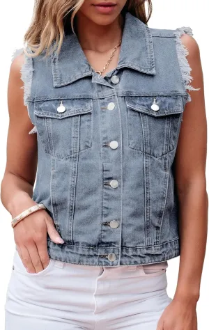 luvamia Denim Vest for Women Button Down Distressed Frayed Vests Top Western Casual Sleeveless Jean Jacket with Pockets