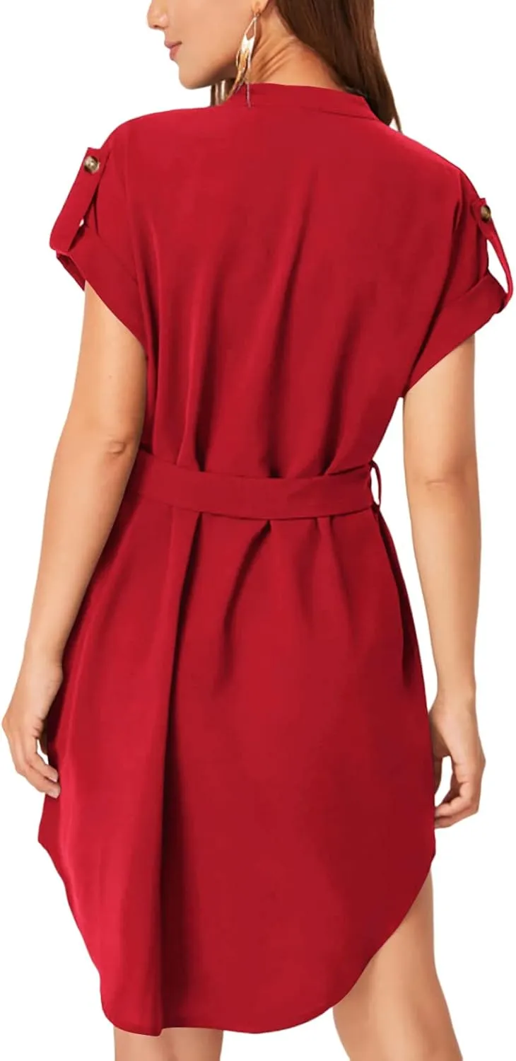 LYANER Women's V Neck Belted High Low Roll Short Sleeve Office Tunic Mini Dress