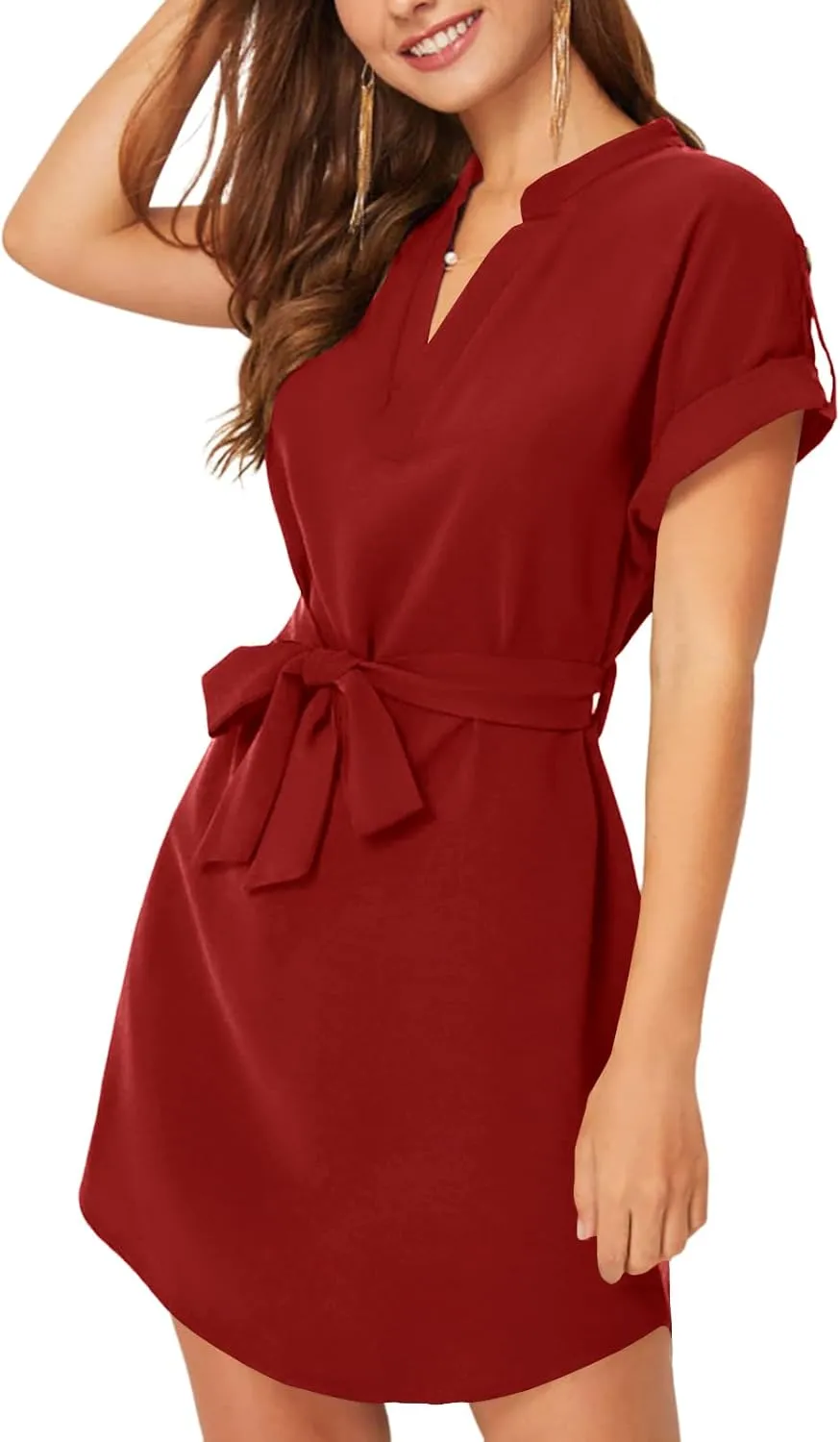LYANER Women's V Neck Belted High Low Roll Short Sleeve Office Tunic Mini Dress