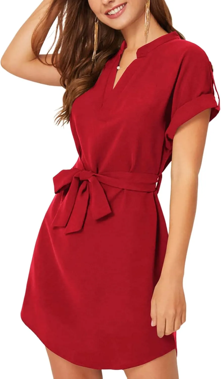 LYANER Women's V Neck Belted High Low Roll Short Sleeve Office Tunic Mini Dress