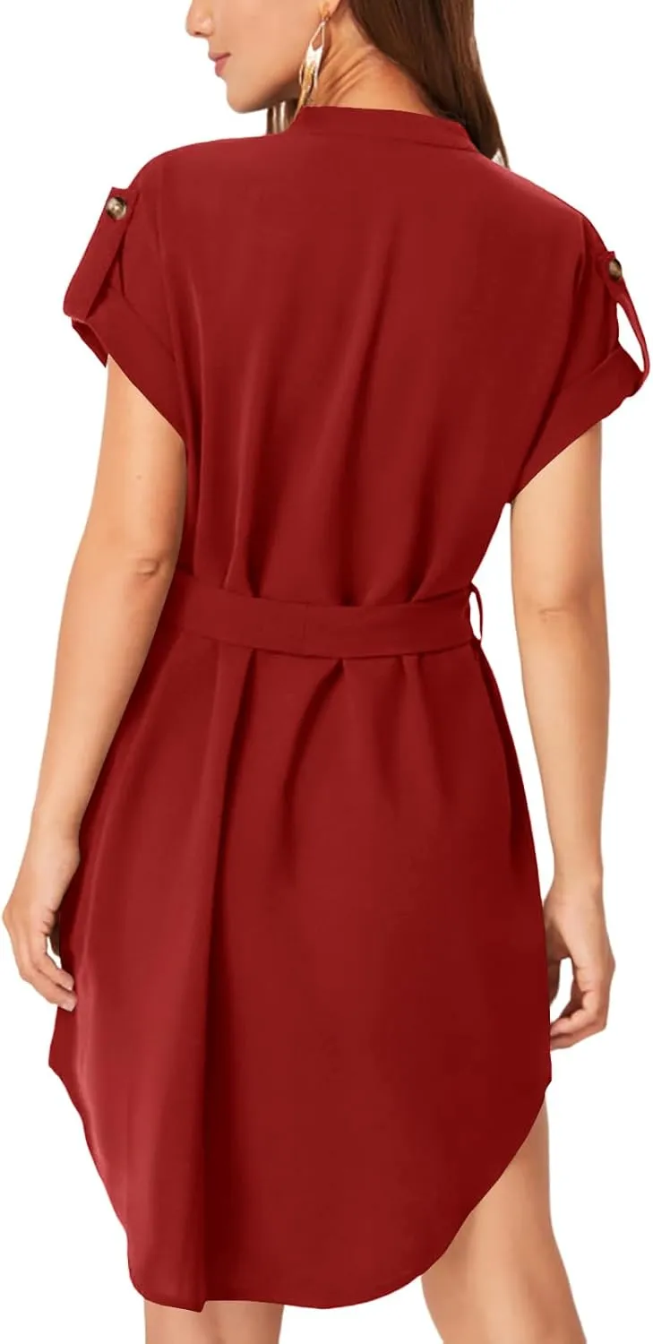 LYANER Women's V Neck Belted High Low Roll Short Sleeve Office Tunic Mini Dress