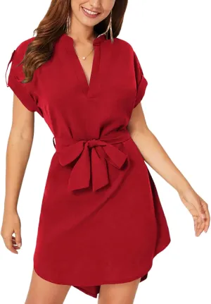 LYANER Women's V Neck Belted High Low Roll Short Sleeve Office Tunic Mini Dress