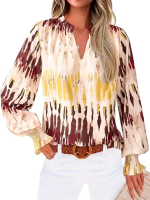 MASCOMODA Casual Spring Summer Chiffon Puff V Neck Trendy Tops for Womens 2025 Floral Dressy Long Sleeve Blouses Work Shirts