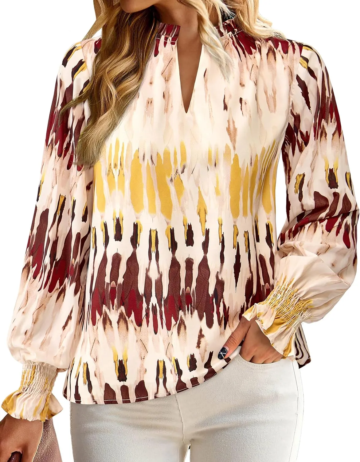 MASCOMODA Casual Spring Summer Chiffon Puff V Neck Trendy Tops for Womens 2025 Floral Dressy Long Sleeve Blouses Work Shirts