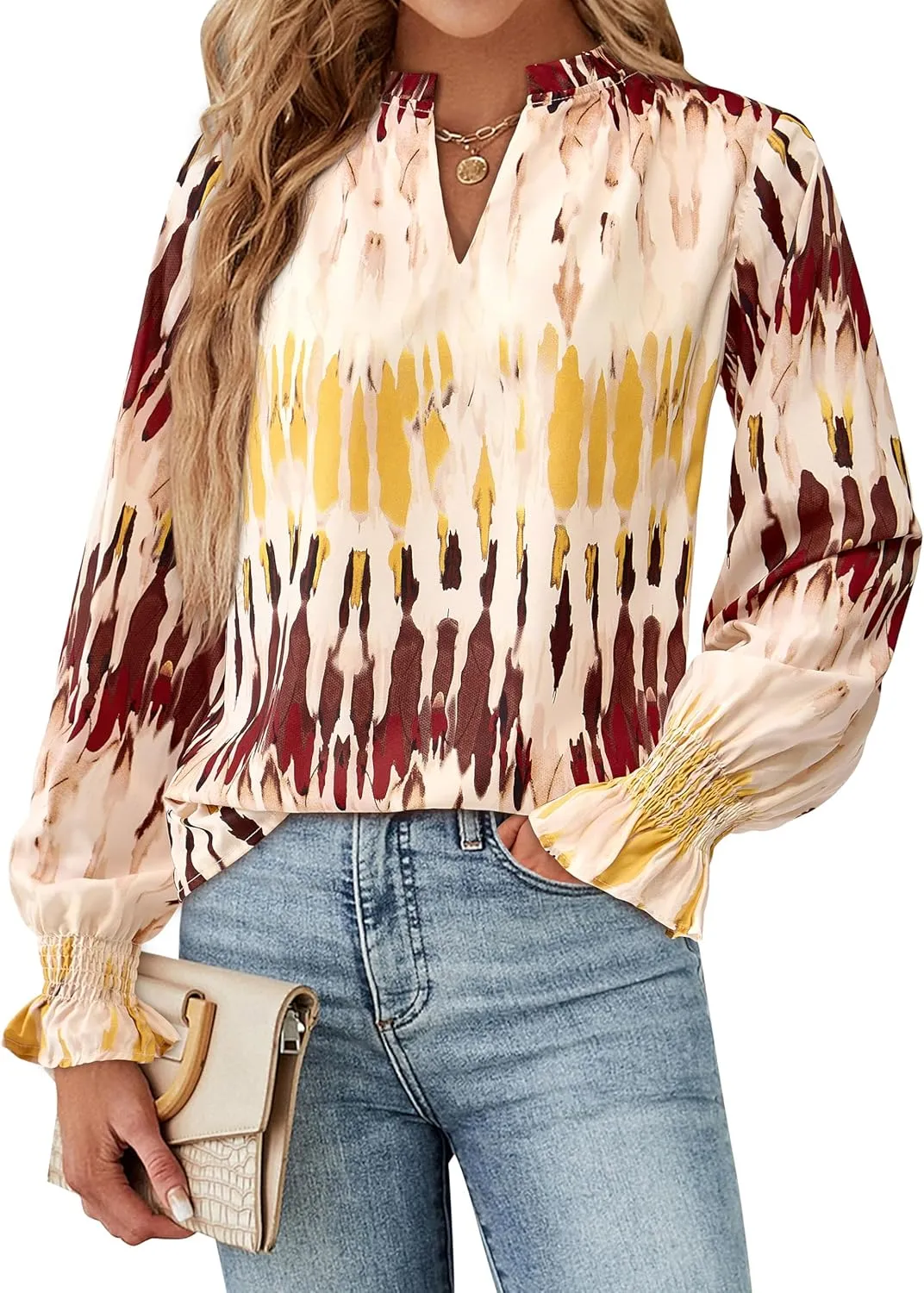 MASCOMODA Casual Spring Summer Chiffon Puff V Neck Trendy Tops for Womens 2025 Floral Dressy Long Sleeve Blouses Work Shirts
