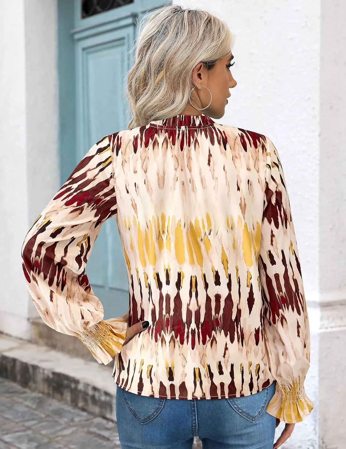 MASCOMODA Casual Spring Summer Chiffon Puff V Neck Trendy Tops for Womens 2025 Floral Dressy Long Sleeve Blouses Work Shirts