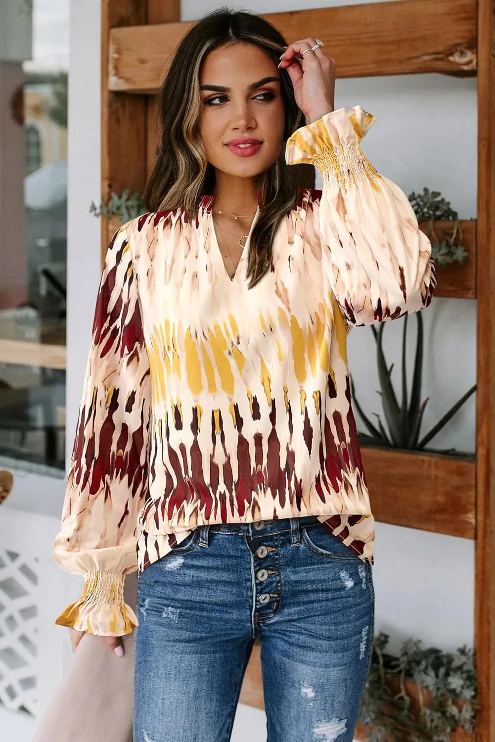 MASCOMODA Casual Spring Summer Chiffon Puff V Neck Trendy Tops for Womens 2025 Floral Dressy Long Sleeve Blouses Work Shirts