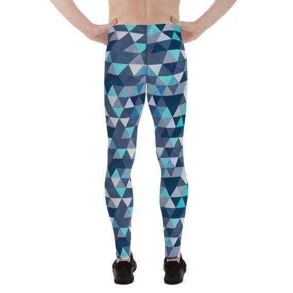 Mens Leggings - Blue Geometric Triangles Leggings