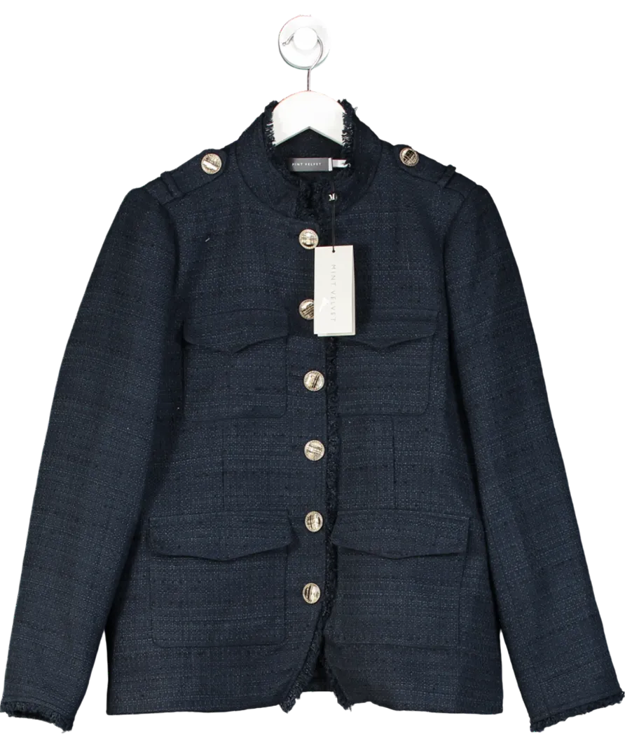 Mint Velvet Blue Navy Boucle Military Jacket UK L