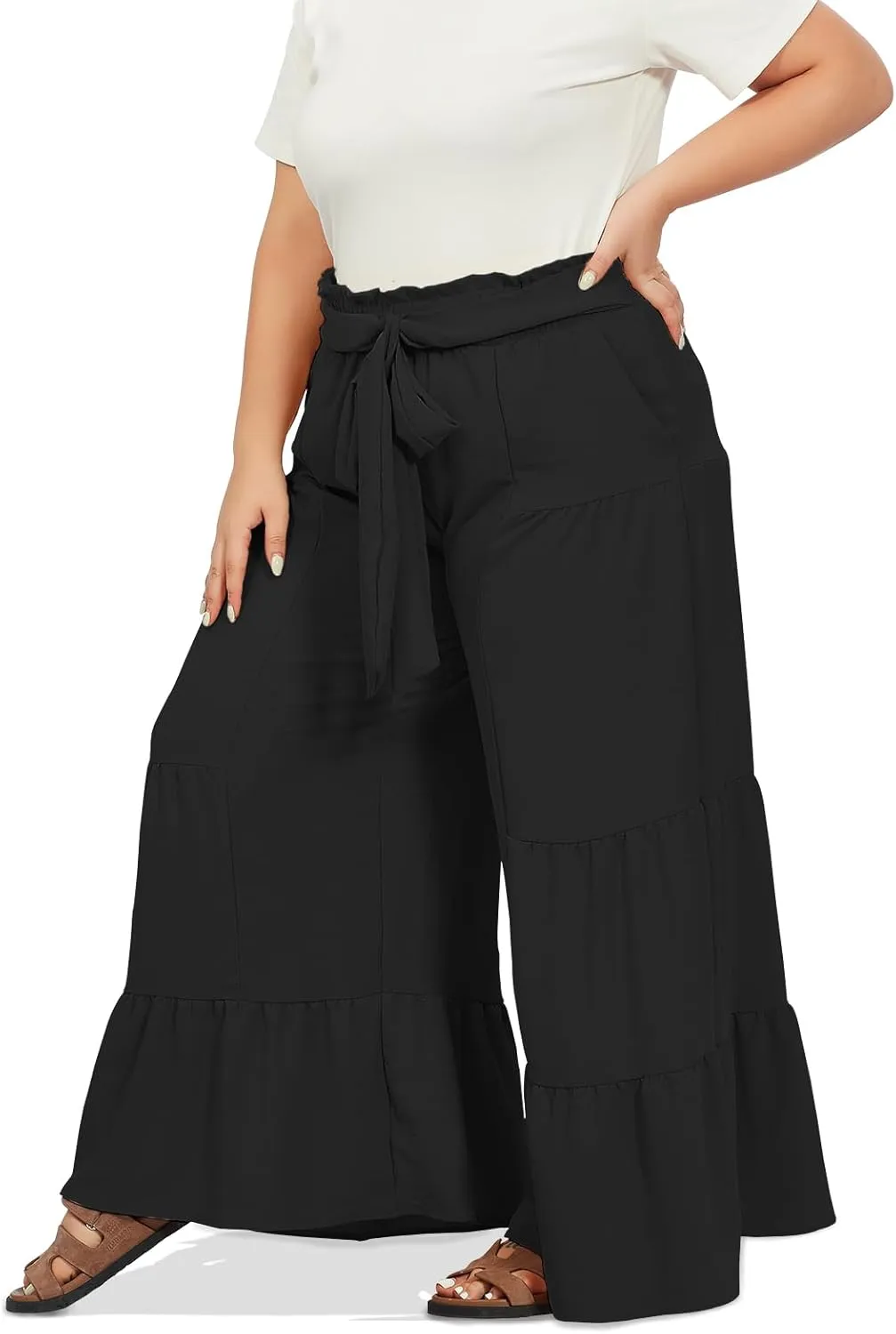 Moon Wood Plus Size Wide Leg Pants Woman High Waisted Palazzo Flowy Pants with Pockets Trendy Casual Summer Pants