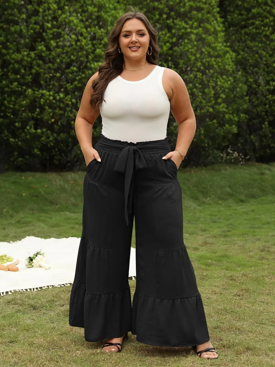 Moon Wood Plus Size Wide Leg Pants Woman High Waisted Palazzo Flowy Pants with Pockets Trendy Casual Summer Pants
