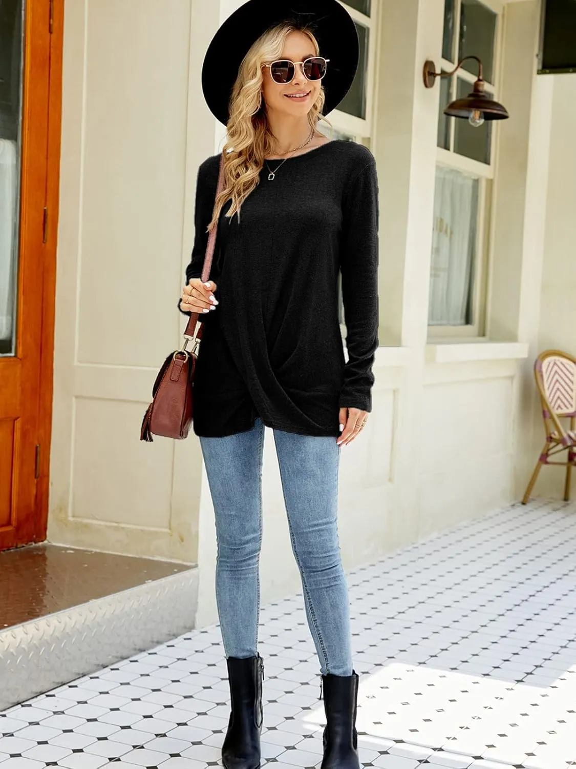 Naggoo Women's Long Sleeve Twist Front Tunic Tops Crew Neck Casual Loose Fit Dressy Shirts Blouses