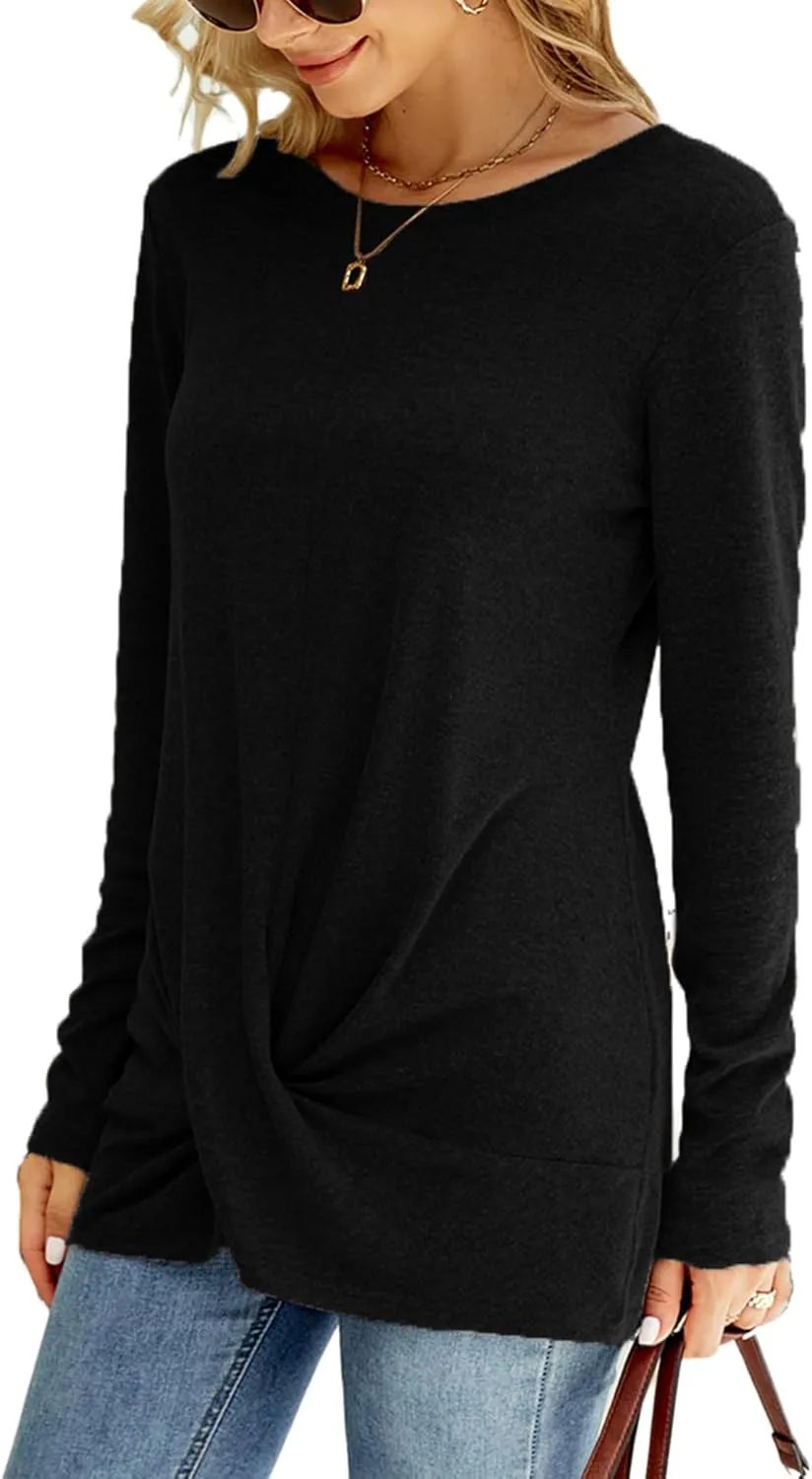 Naggoo Women's Long Sleeve Twist Front Tunic Tops Crew Neck Casual Loose Fit Dressy Shirts Blouses