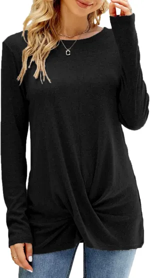 Naggoo Women's Long Sleeve Twist Front Tunic Tops Crew Neck Casual Loose Fit Dressy Shirts Blouses