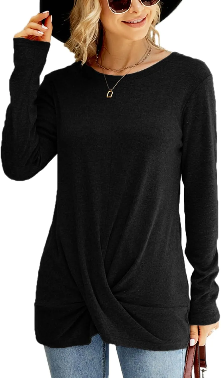 Naggoo Women's Long Sleeve Twist Front Tunic Tops Crew Neck Casual Loose Fit Dressy Shirts Blouses