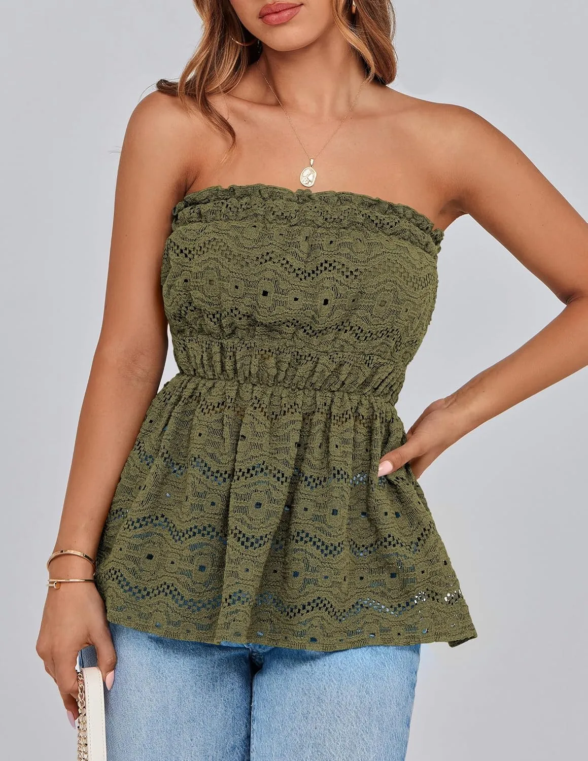PRETTYGARDEN Tube Tops for Women 2025 Summer Strapless Off Shoulder Eyelet Smocked Peplum Trendy Going Out Boho Top