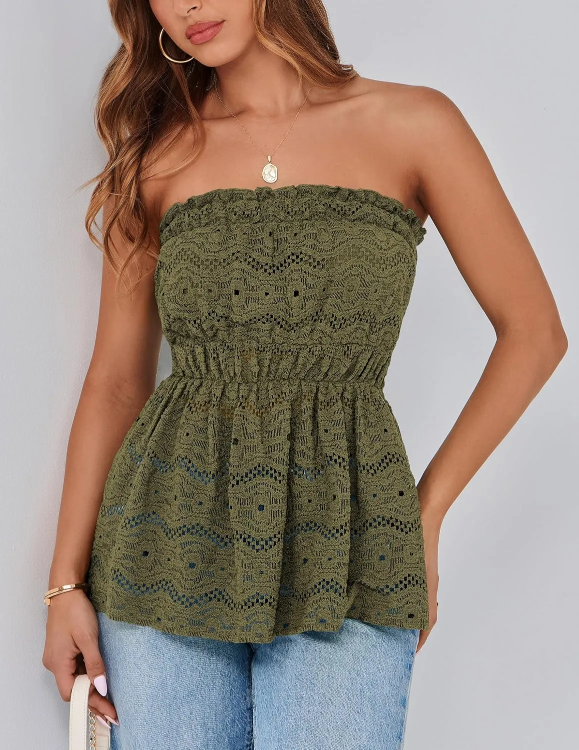 PRETTYGARDEN Tube Tops for Women 2025 Summer Strapless Off Shoulder Eyelet Smocked Peplum Trendy Going Out Boho Top