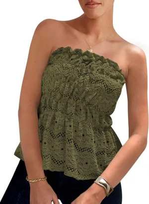 PRETTYGARDEN Tube Tops for Women 2025 Summer Strapless Off Shoulder Eyelet Smocked Peplum Trendy Going Out Boho Top