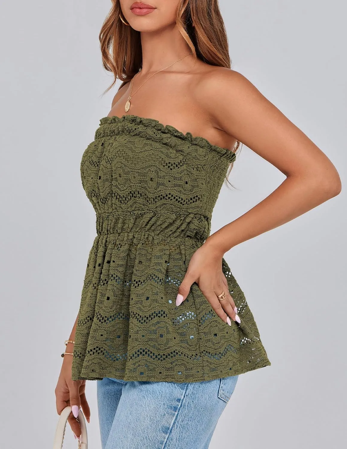 PRETTYGARDEN Tube Tops for Women 2025 Summer Strapless Off Shoulder Eyelet Smocked Peplum Trendy Going Out Boho Top