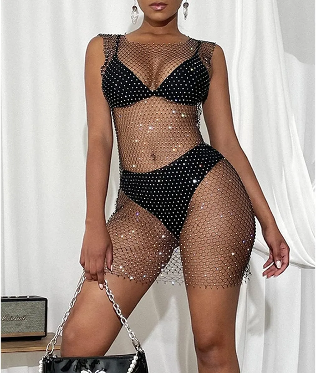 Sheer Long Sleeve Tops for Women Plus Size Tight Rhinestone See Through Mesh Crop Top Off Shoulder V Neck