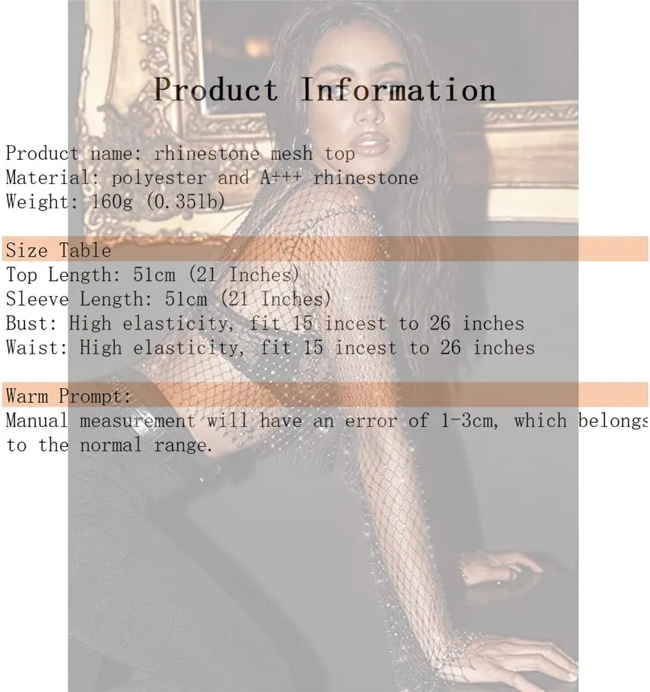 Sheer Long Sleeve Tops for Women Plus Size Tight Rhinestone See Through Mesh Crop Top Off Shoulder V Neck