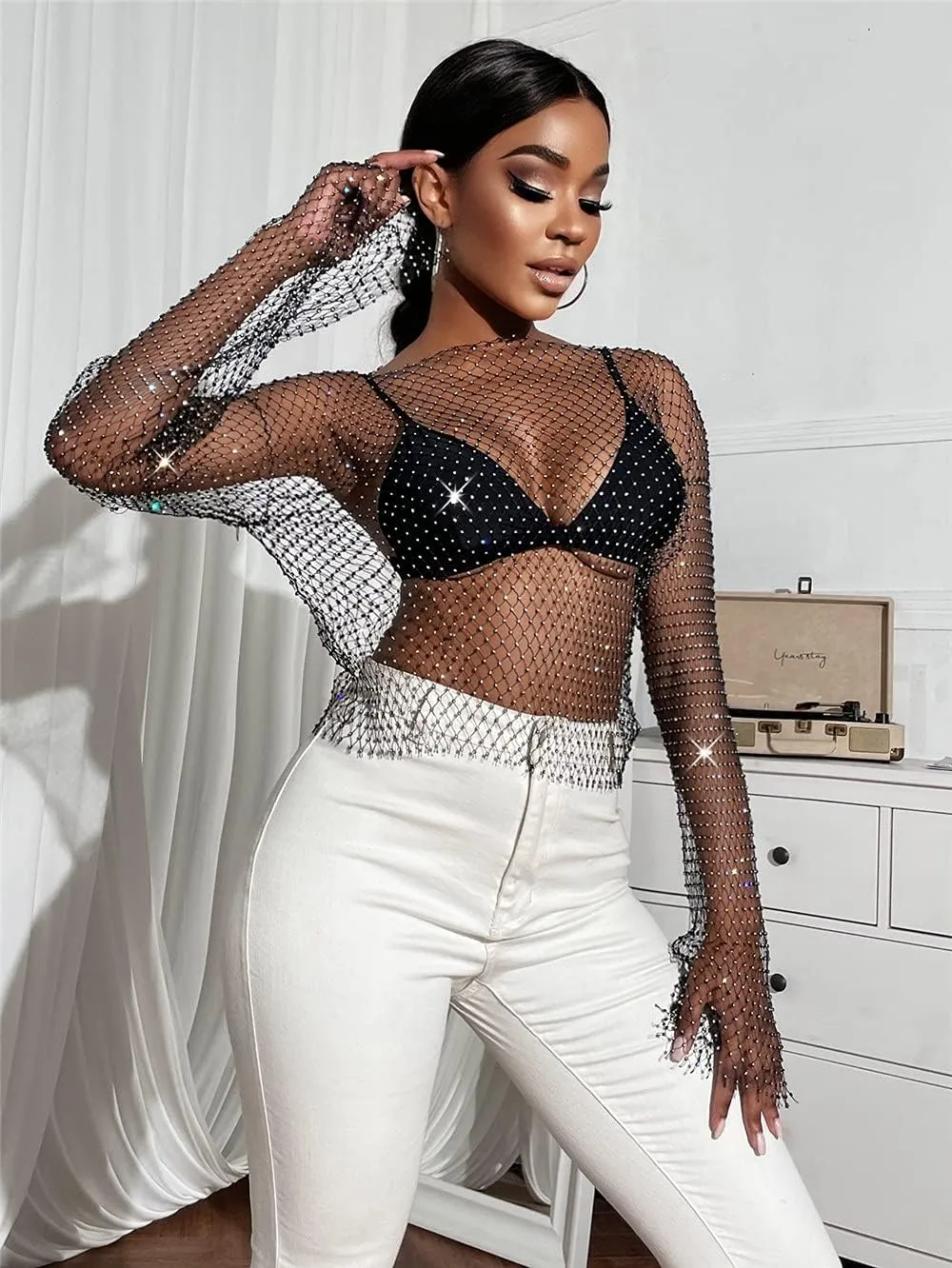 Sheer Long Sleeve Tops for Women Plus Size Tight Rhinestone See Through Mesh Crop Top Off Shoulder V Neck