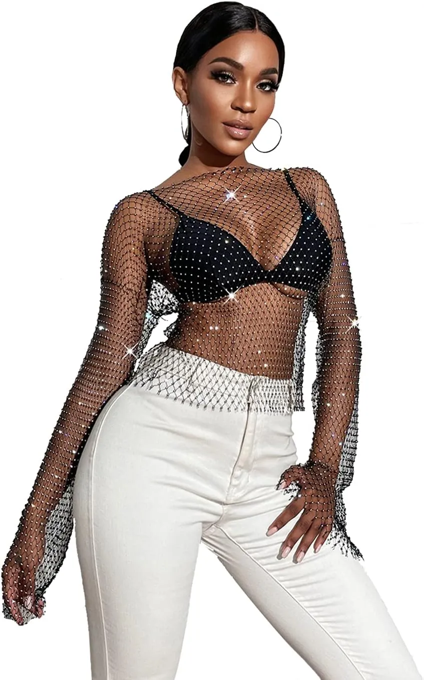 Sheer Long Sleeve Tops for Women Plus Size Tight Rhinestone See Through Mesh Crop Top Off Shoulder V Neck
