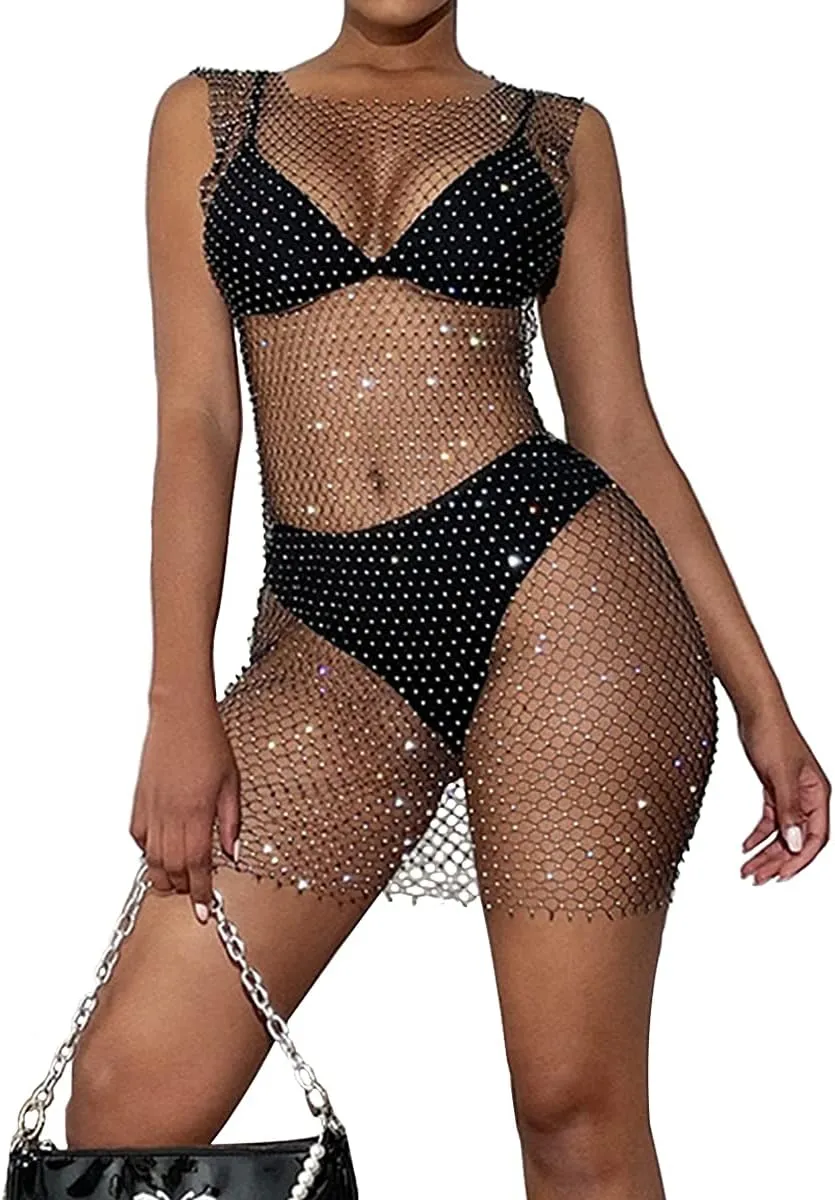 Sheer Long Sleeve Tops for Women Plus Size Tight Rhinestone See Through Mesh Crop Top Off Shoulder V Neck