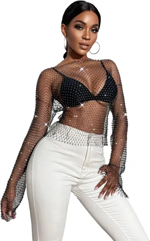 Sheer Long Sleeve Tops for Women Plus Size Tight Rhinestone See Through Mesh Crop Top Off Shoulder V Neck