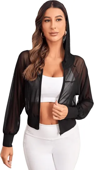 SweatyRocks Women's Activewear Long Sleeve Hooded Sheer Mesh Sports Jacket Workout Crop Top